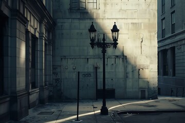 Desolate cityscape with vintage lampposts casting dramatic shadows.