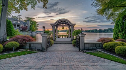 Obraz premium A luxury estate entrance with a private dock and a lakeside gazebo