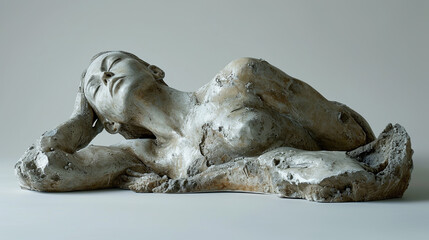Sculpture of a woman in a reclined position, studio photo of a ceramic figure cracked clay, elegant lady with alabaster skin