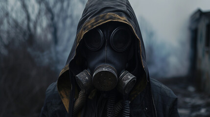 Lone Wanderer in Gas Mask in a Desolate Urban Landscape - obrazy, fototapety, plakaty