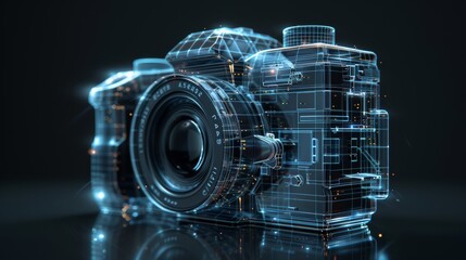 Futuristic holographic blueprint of a classic camera, showcasing technological innovation and design precision