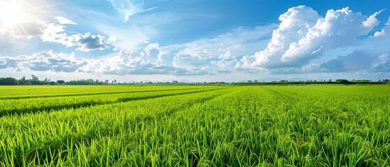 View of rice farm agricultural field with sky, Green agriculture background.