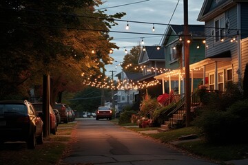 Fototapeta premium Suburban street with a block party and string lights.