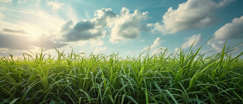 View of sugarcane farm agricultural field with sky, Green agriculture background.