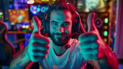 Obraz premium Gamer celebrates his victory with a thumbs up. Emotional gamer for computer games and game consoles sat in front of the screen. Player with stormy emotions. Neon colors.
