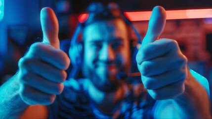 Gamer celebrates his victory with a thumbs up. Emotional gamer for computer games and game consoles sat in front of the screen. Player with stormy emotions. Neon colors.