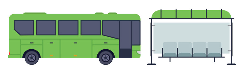 Vector autobus verde interurbano madrid public transport with bus stop bus parking marquee © YF24