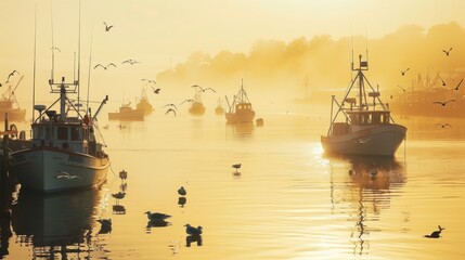 A serene moment captured at dawn as the soft light of morning bathes the harbor in a warm, golden glow - obrazy, fototapety, plakaty
