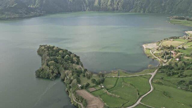 Lagoa azul in sete cidades on sao miguel island, tranquil and scenic, aerial view
