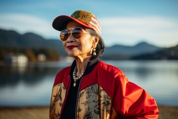 Portrait of a blissful asian woman in her 50s sporting a stylish varsity jacket on serene lakeside...