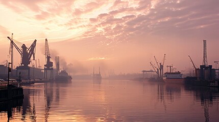 A serene moment captured at dawn as the soft light of morning filters through the clouds, illuminating the harbor in a gentle - obrazy, fototapety, plakaty