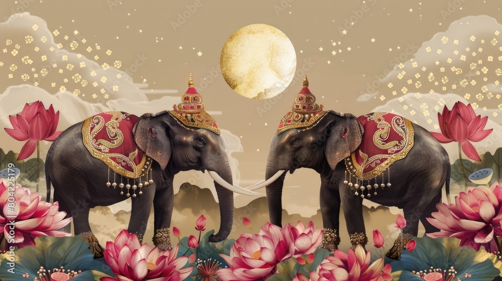 Wall mural Decorated elephants with celestial symbols and lotus flowers on dark blue background