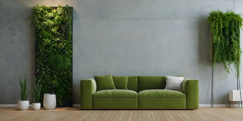 Living room and concrete wall texture background, Modern interior design, mock up room, furniture decor, Green vertical garden
