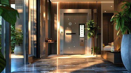 Fototapeta premium A luxury home entrance with a smart lock system and a touchpad entry