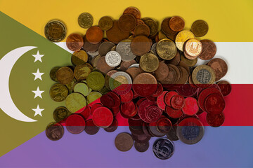 Comoros economic situation, banking and money, financial values with coins, Comoros flag with 