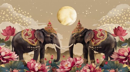 Decorated elephants with celestial symbols and lotus flowers on dark blue background