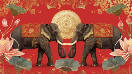 Decorated elephants with celestial symbols and lotus flowers on dark blue background