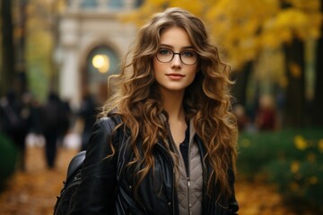Autumn Beauty: Young Woman with Curly Hair and Glasses in Fall Park