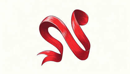 A wide aspect ratio image of a hand-drawn illustration featuring a red ribbon shaped like the letter 'N' on a plain white background.