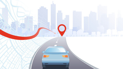 Concept of navigation to city. Car traveling on road, with red arrow pointing towards skyline city buildings and road going to the city. Traffic on the highway. Vector illustration