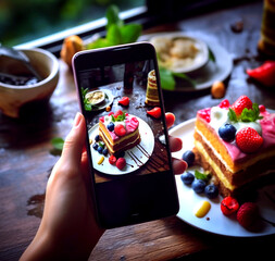 Hand holding a smartphone Take photos of fruit cakes that look delicious, picture for advertising.