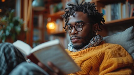Young African American Man Reading Book at Home