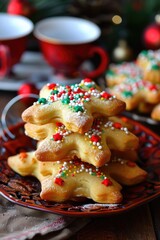 Puff pastry Christmas tree cookies on wooden serving board with festive decorations.