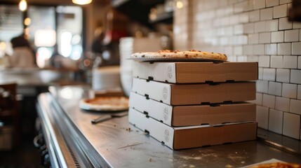 Pizza boxes stacked in a restaurant kitchen. Close-up view of takeaway pizza boxes.