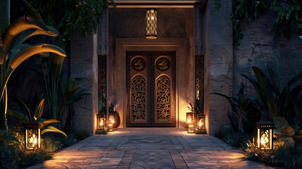 A luxury home entrance with a custom-carved door and a lantern-lit path