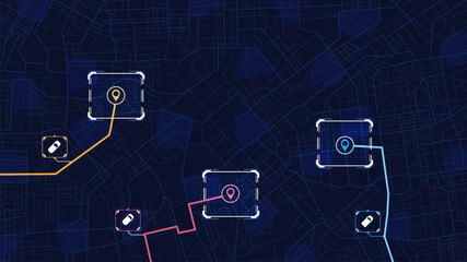 Navigation to poi. Online digital service for vehicle with location search. Generic city map with signs of streets, roads. Vector illustration, map background