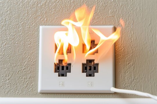 Wall socket engulfed in a hazardous electrical fire, requiring immediate attention