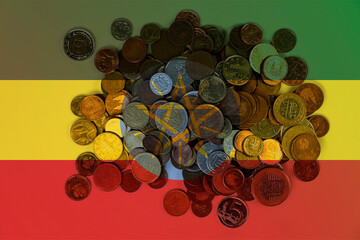 Ethiopia economic situation, financial values with coins, banking and money, Ethiopia flag with 