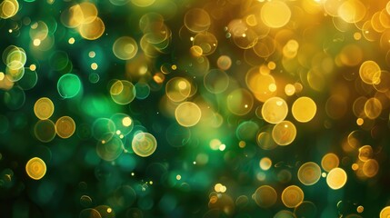 Abstract green bokeh background with sparkling light particles.