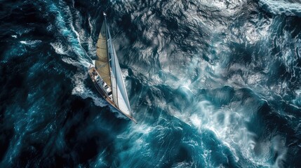 Aerial view of a sailing yacht on the open sea with deep blue water.