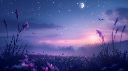 Dreamy pastel twilight over a serene meadow with vibrant flowers and a moonlit sky evokes a sense of calm