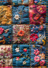 Colorful Patchwork Quilt with Detailed Embroidery Textures and Patterns