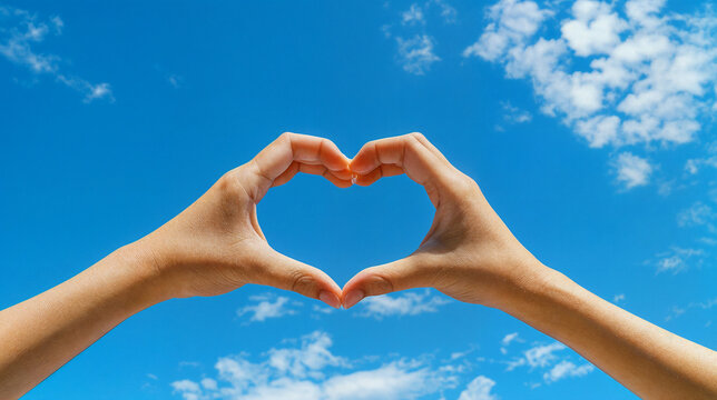 Hands in the form of heart against the sky. Hands in shape of love heart. Sign of love, harmony, gratitude, charity