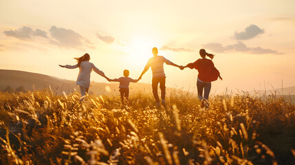 Happy family running in the field at sunset. Man, woman and children holding hands outdoors on summer day - Powered by Adobe