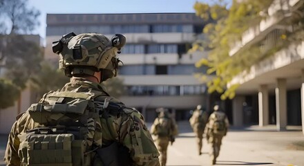Students in military training at university seen from behind . Concept Military Training, University, Students, Physical Endurance, Discipline