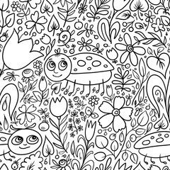 seamless abstract pattern background fabric fashion design print wrapping paper digital illustration art texture textile wallpaper apparel image with funny kawaii ladybug flowers  berries 