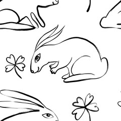 illustration of an cute kawaii funny rabbit bunny seamless abstract pattern black and white pattern background 