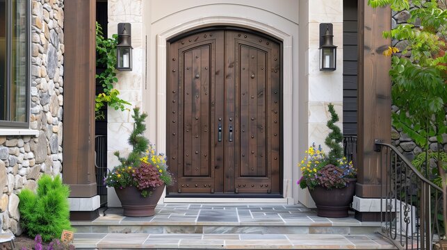 A luxury home entrance with a handcrafted wooden door and artisan hardware