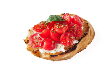delicious Italian bruschetta with tomatoes on a white background