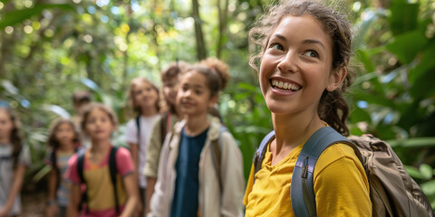 Fototapeta premium A teacher leading a group of enthusiastic students on a nature hike through a lush forest, using the outdoors as a classroom for experiential learning and environmental education