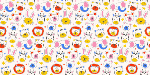 Seamless pattern of childrens animals drawings. Hand drawn chalk doodles. Flat vector illustration.
