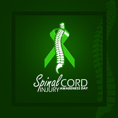 Spinal Cord Injury Awareness Day event banner. A green ribbon with spine in frame on dark green background to commemorate on May 14th