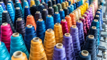 Fototapeta premium Colorful cotton threads on spools for sewing and embroidery, ideal for creative crafts and projects