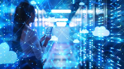 Obraz premium Businesswoman speaks phone and cloud storage technology hologram. Double exposure. Internet server concept.