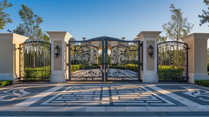 A luxury home entrance with an automated gate and a patterned concrete driveway