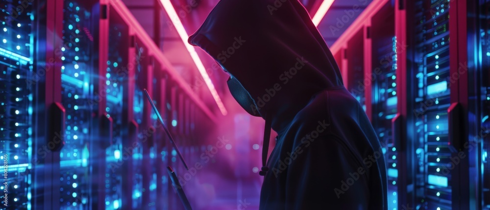 Poster the image shows a hacker in a hoodie standing in the middle of a data center full of rack servers us